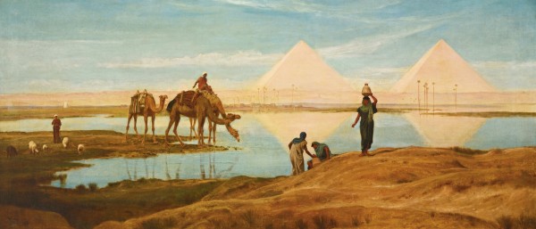 People and camels by the pyramids by Frederick Goodall